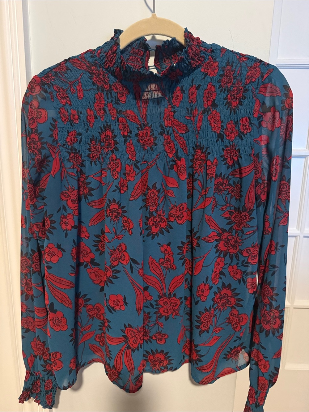 Abercrombie & Fitch Teal Blouse with Red Floral Motif